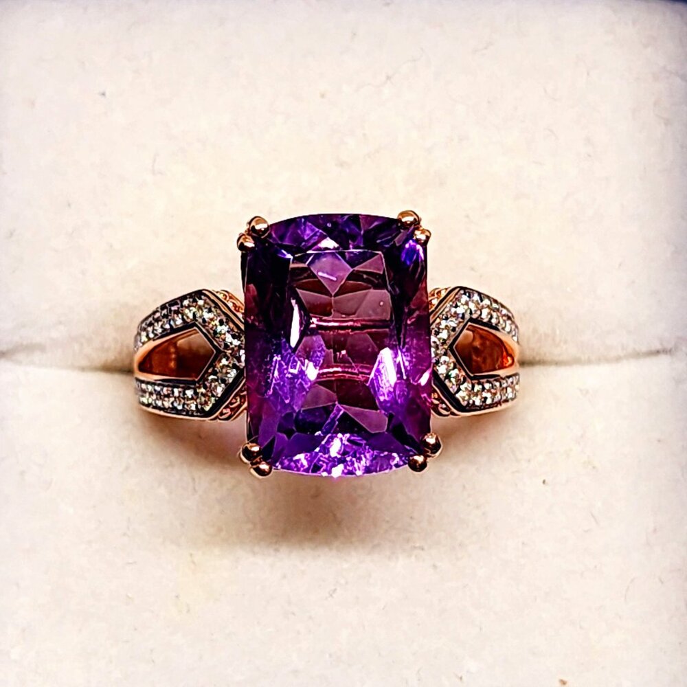 Moroccan Rose Amethyst & White Zircon ring 18K Rose Gold over 925SS 7 cts sz 7